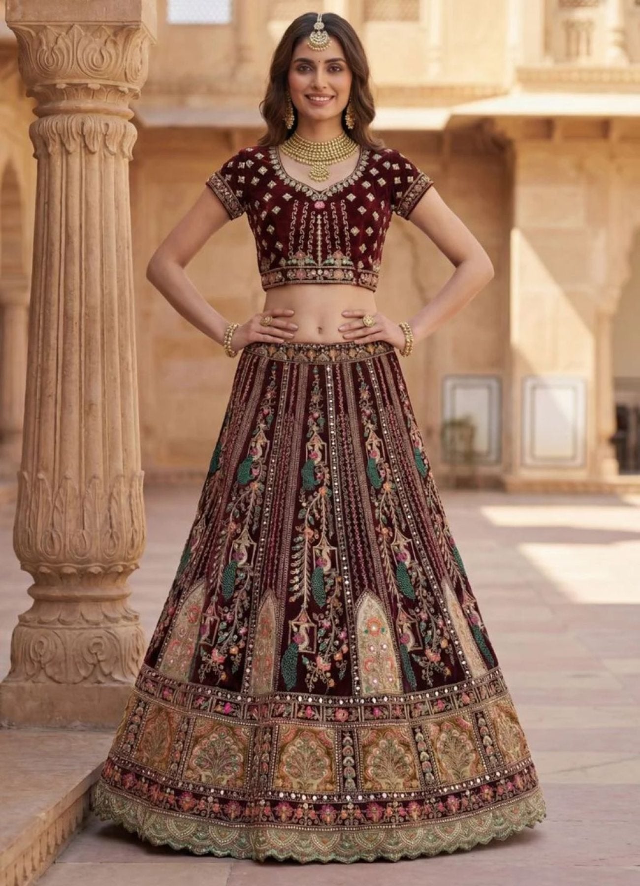 Durable Velvet Bridal Lehenga with Zari and Mirror Work for Wedding Wear embroidery close-up