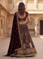 Durable Velvet Bridal Lehenga with Zari and Mirror Work for Wedding Wear fabric texture detail