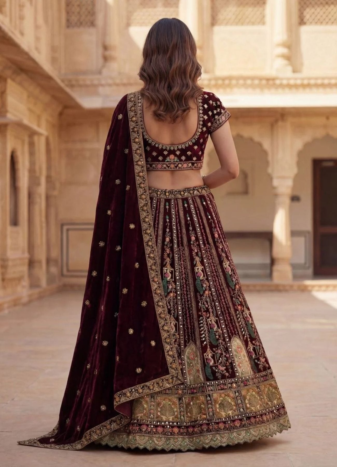Durable Velvet Bridal Lehenga with Zari and Mirror Work for Wedding Wear fabric texture detail