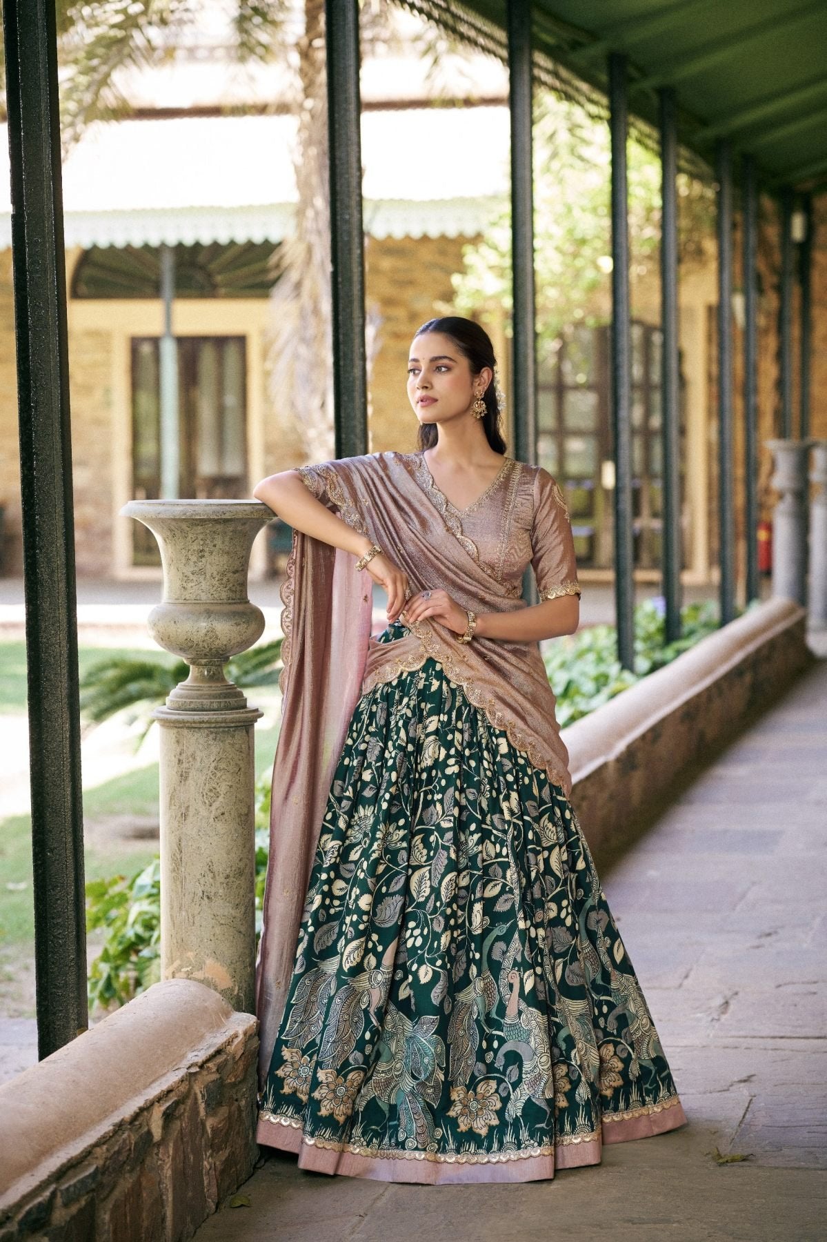 Pink Tasar Silk Lehenga Choli Set blouse and dupatta detail