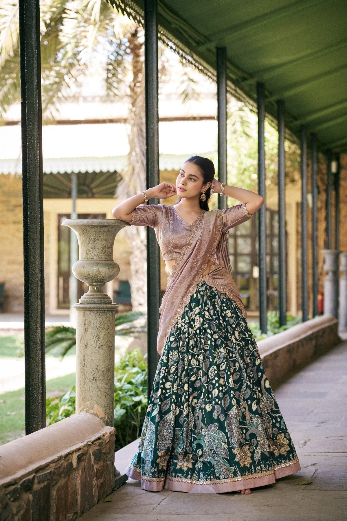 Pink Tasar Silk Lehenga Choli Set embroidery close-up