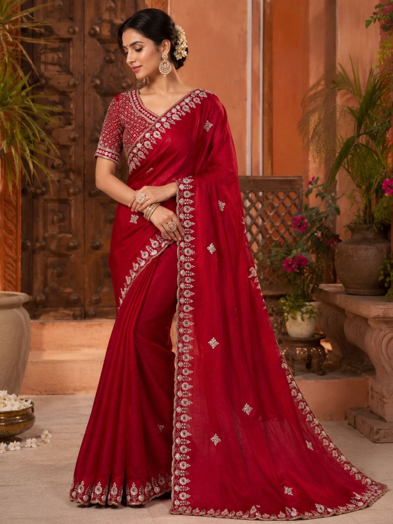Red Saree for women - full front view | Snyvia