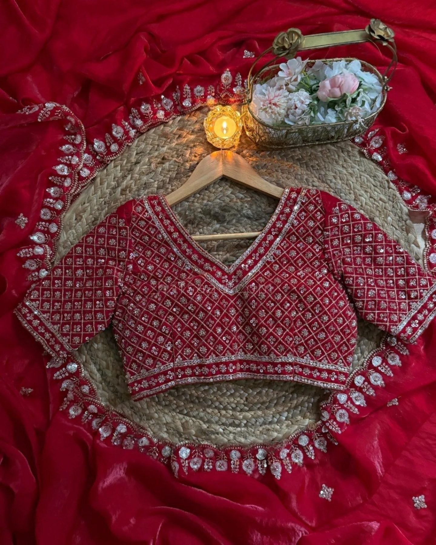 Red Saree - Beads embroidery work detail