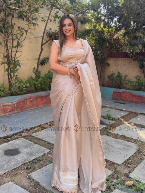 Beige Tissue Saree - drape and pallu detail