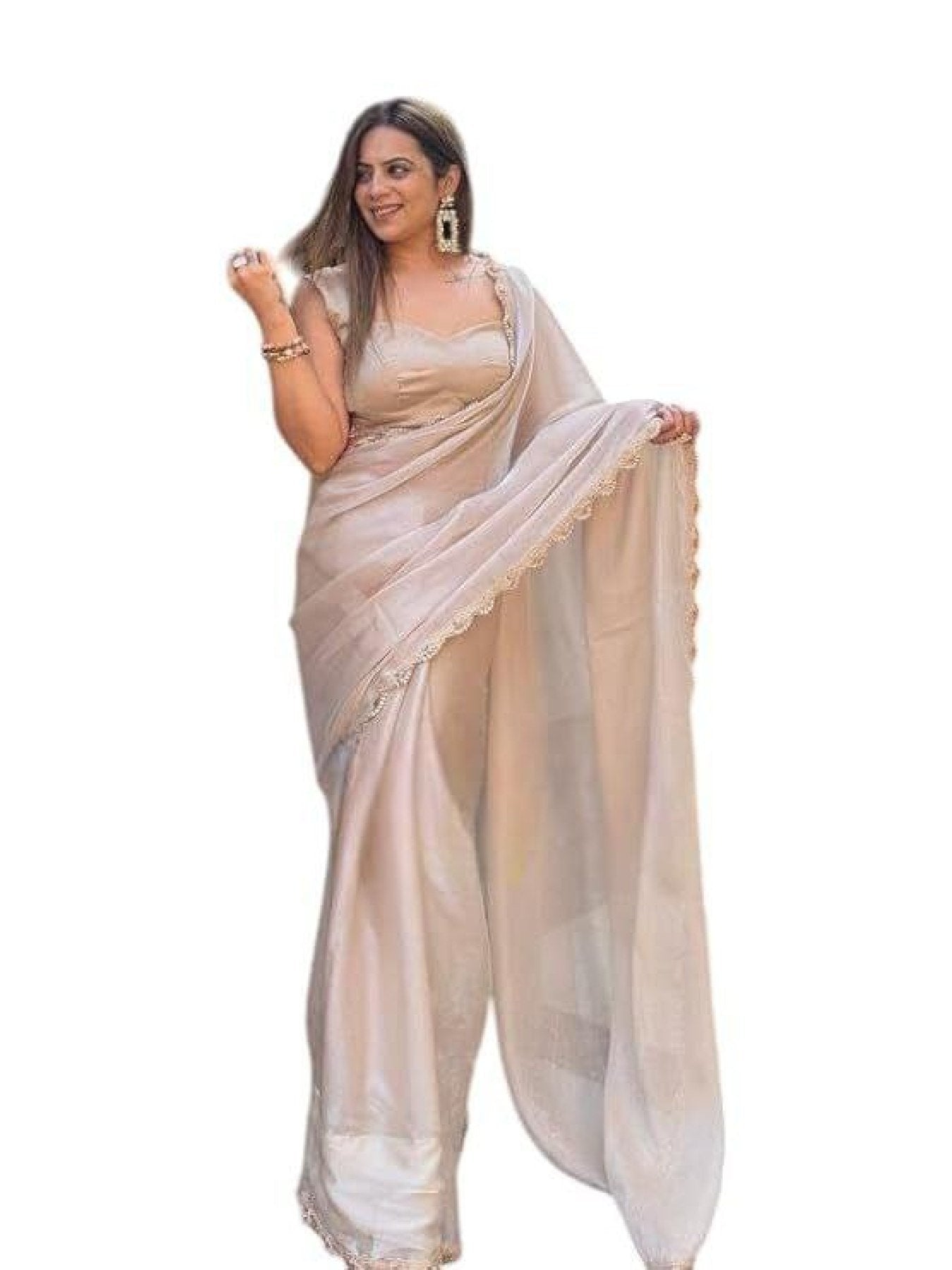 Beige Tissue Saree - side drape view