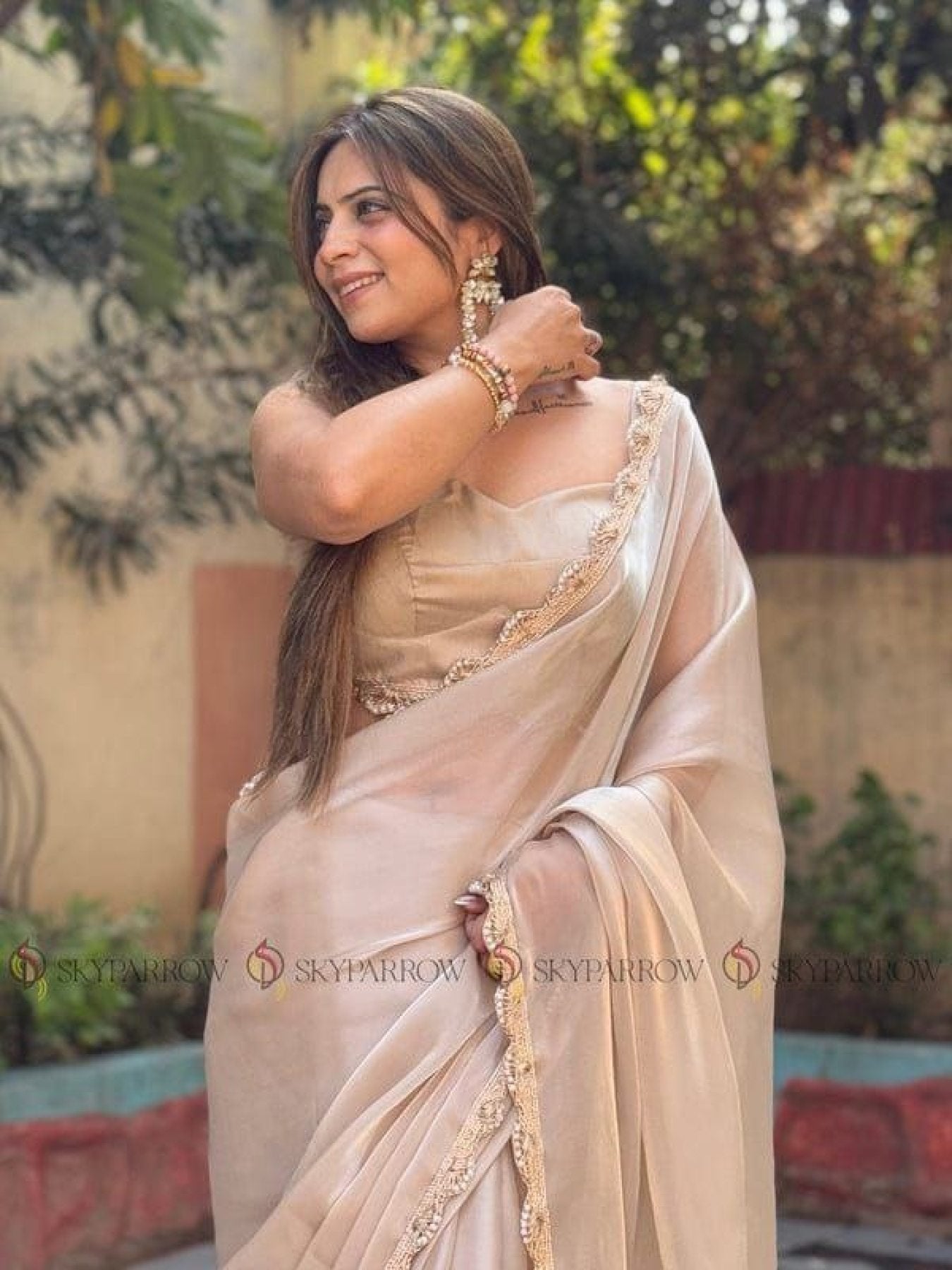 Beige Tissue Saree - blouse and border close-up