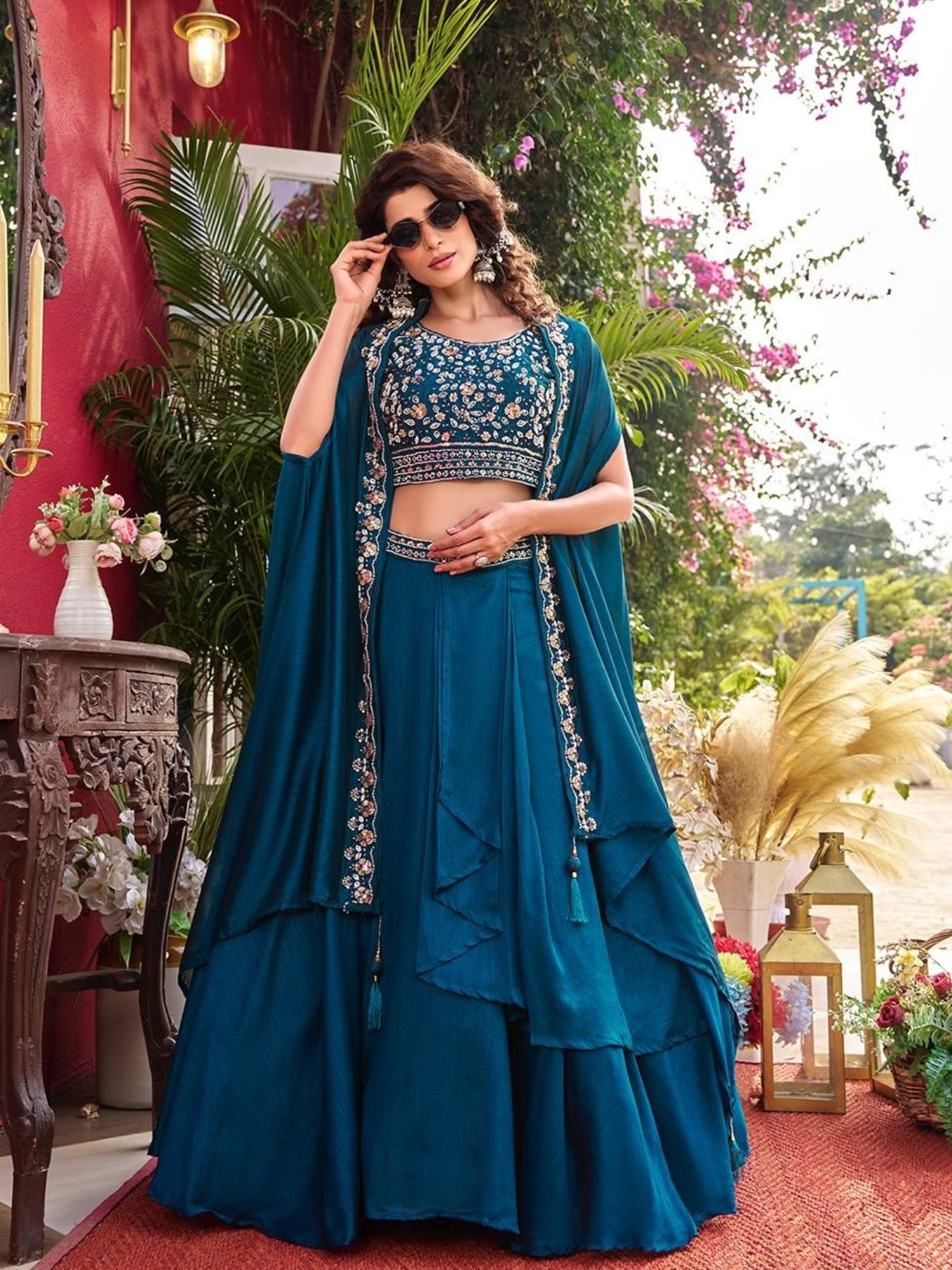 Wedding Special Vichitra Lehenga with Shrug Dupatta and Heavy Work fabric texture detail