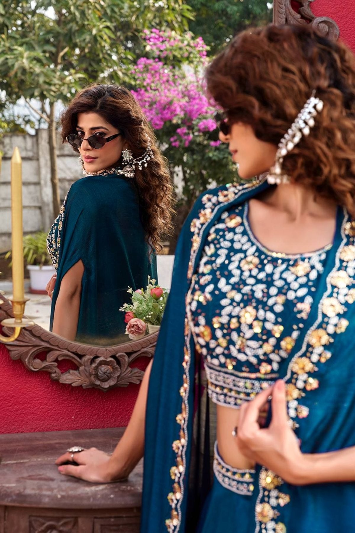 Wedding Special Vichitra Lehenga with Shrug Dupatta and Heavy Work styling view