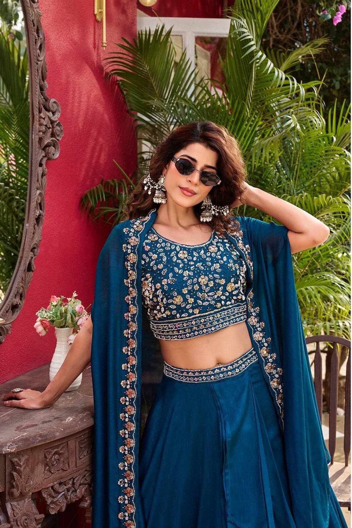 Wedding Special Vichitra Lehenga with Shrug Dupatta and Heavy Work full drape view