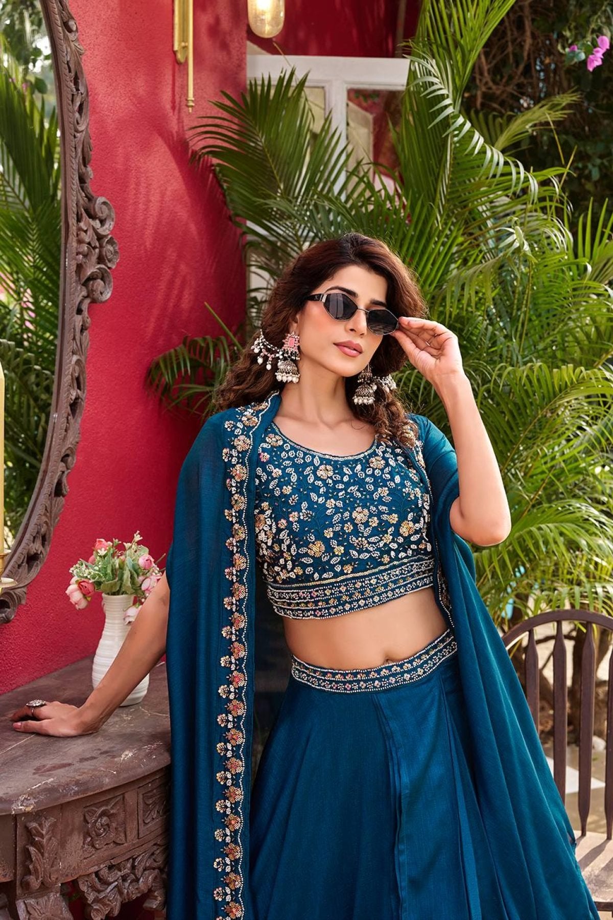 Wedding Special Vichitra Lehenga with Shrug Dupatta and Heavy Work fabric texture detail