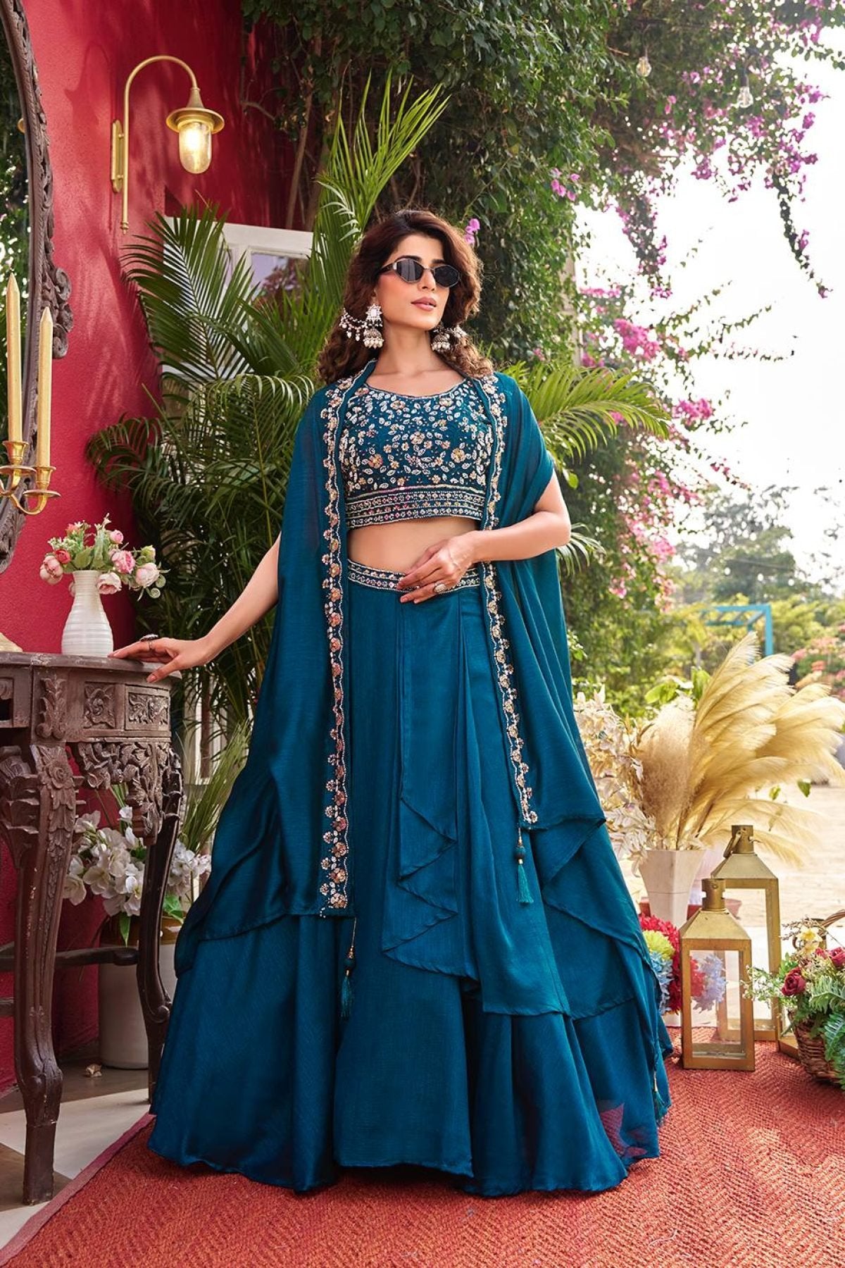 Wedding Special Vichitra Lehenga with Shrug Dupatta and Heavy Work back view