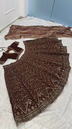 Brown Thai Silk Bridal Lehenga with Heavy Embroidery and Glass Organza Dupatta full drape view