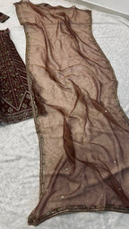 Brown Thai Silk Bridal Lehenga with Heavy Embroidery and Glass Organza Dupatta blouse and dupatta detail