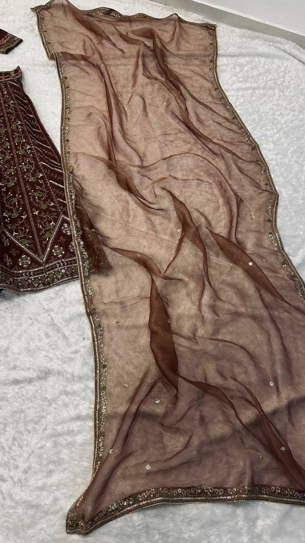 Brown Thai Silk Bridal Lehenga with Heavy Embroidery and Glass Organza Dupatta blouse and dupatta detail