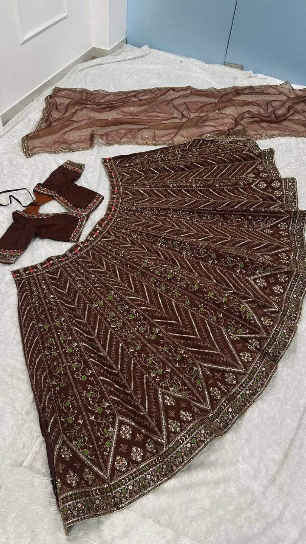 Brown Thai Silk Bridal Lehenga with Heavy Embroidery and Glass Organza Dupatta detailed view