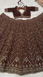Brown Thai Silk Bridal Lehenga with Heavy Embroidery and Glass Organza Dupatta fabric texture detail