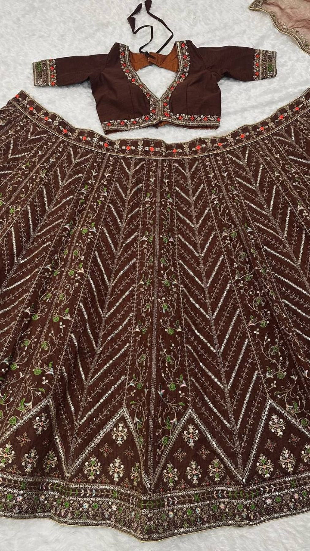 Brown Thai Silk Bridal Lehenga with Heavy Embroidery and Glass Organza Dupatta fabric texture detail