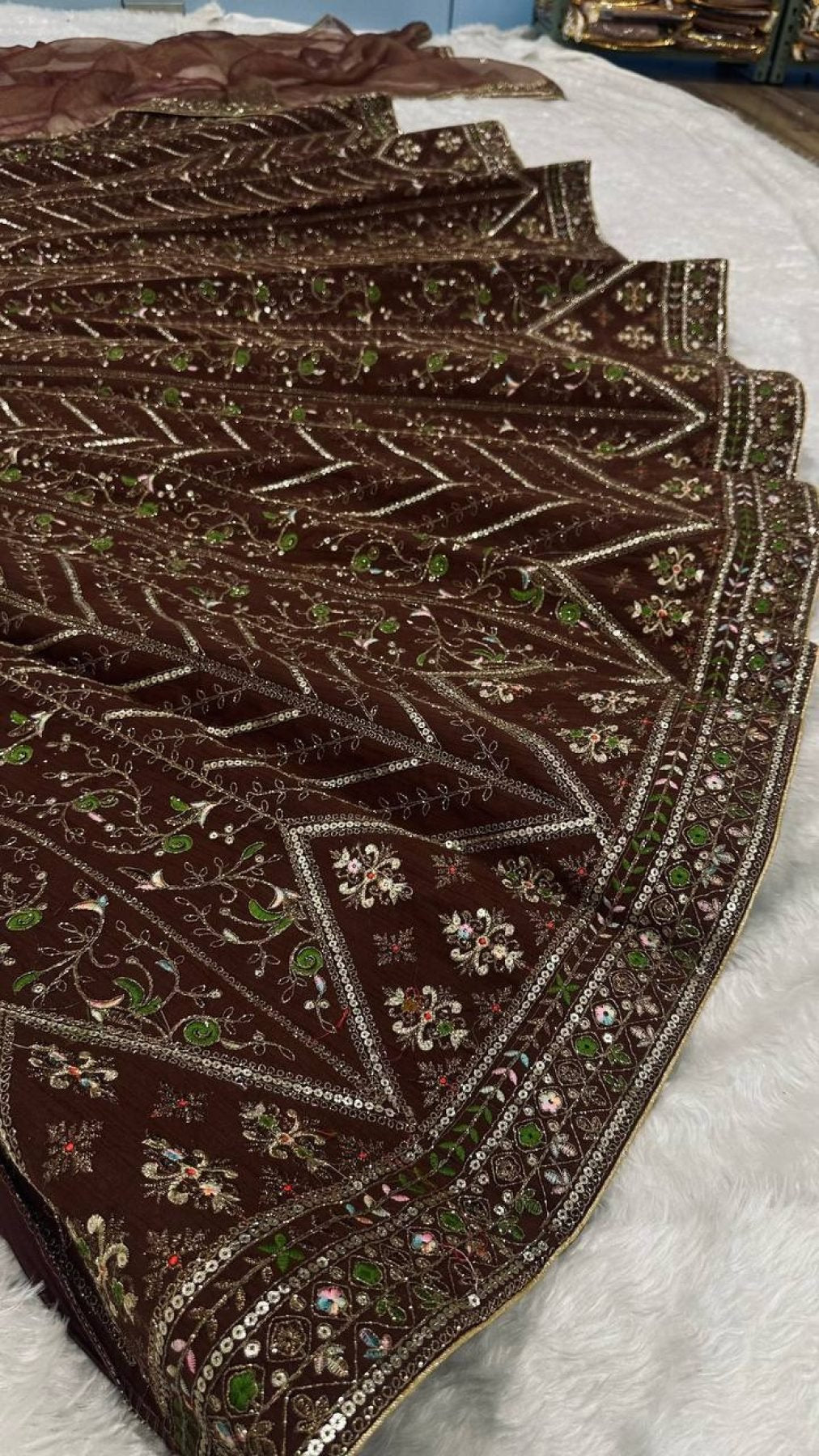 Brown Thai Silk Bridal Lehenga with Heavy Embroidery and Glass Organza Dupatta back view