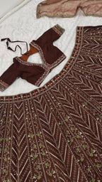 Brown Thai Silk Bridal Lehenga with Heavy Embroidery and Glass Organza Dupatta styling view