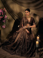 Brown Thai Silk Bridal Lehenga with Heavy Embroidery and Glass Organza Dupatta full drape view