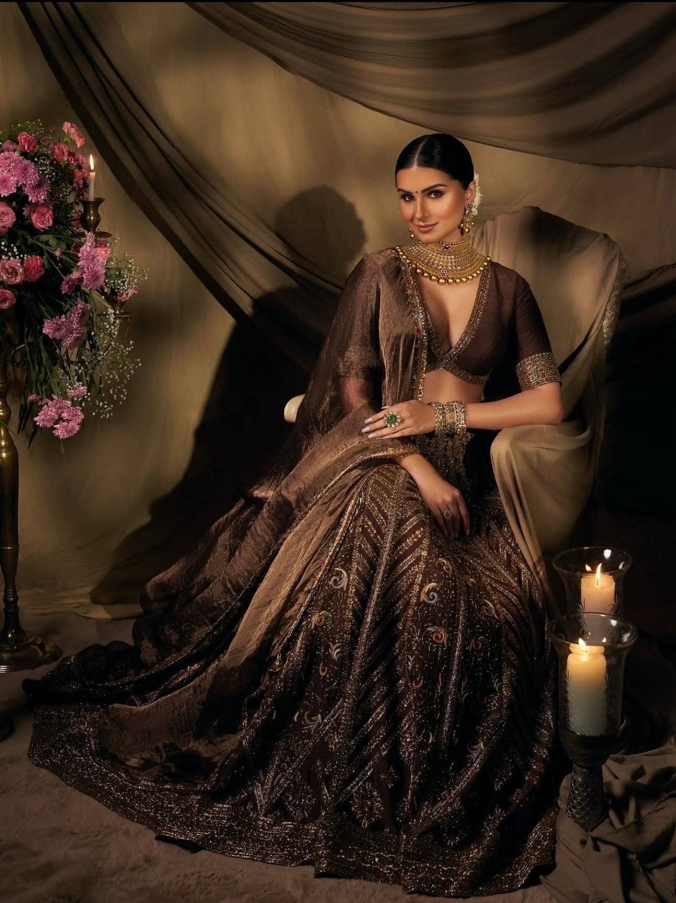 Brown Thai Silk Bridal Lehenga with Heavy Embroidery and Glass Organza Dupatta full drape view
