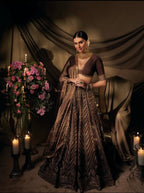 Brown Thai Silk Bridal Lehenga with Heavy Embroidery and Glass Organza Dupatta blouse and dupatta detail