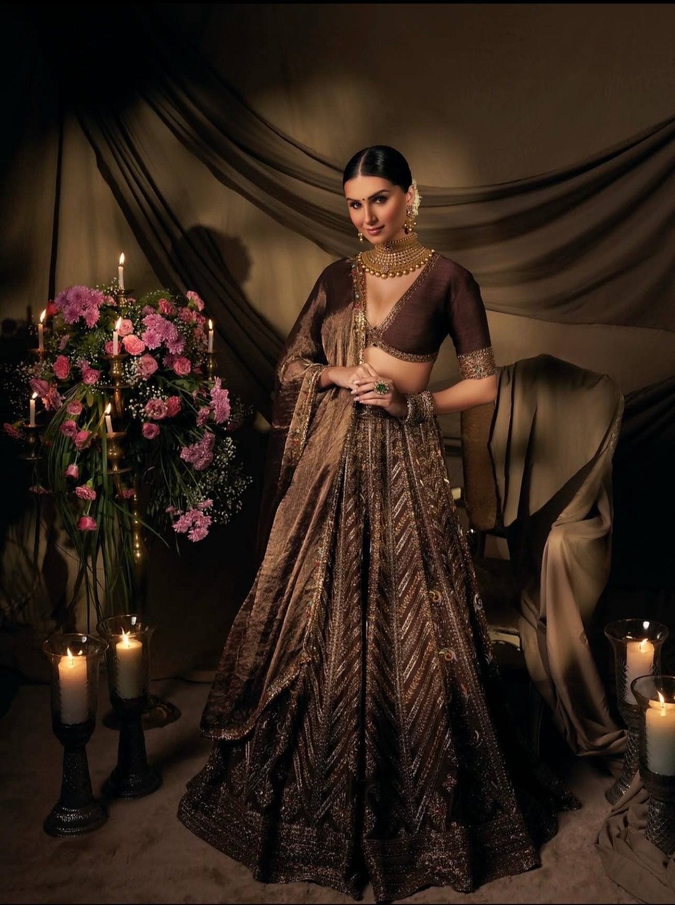 Brown Thai Silk Bridal Lehenga with Heavy Embroidery and Glass Organza Dupatta blouse and dupatta detail