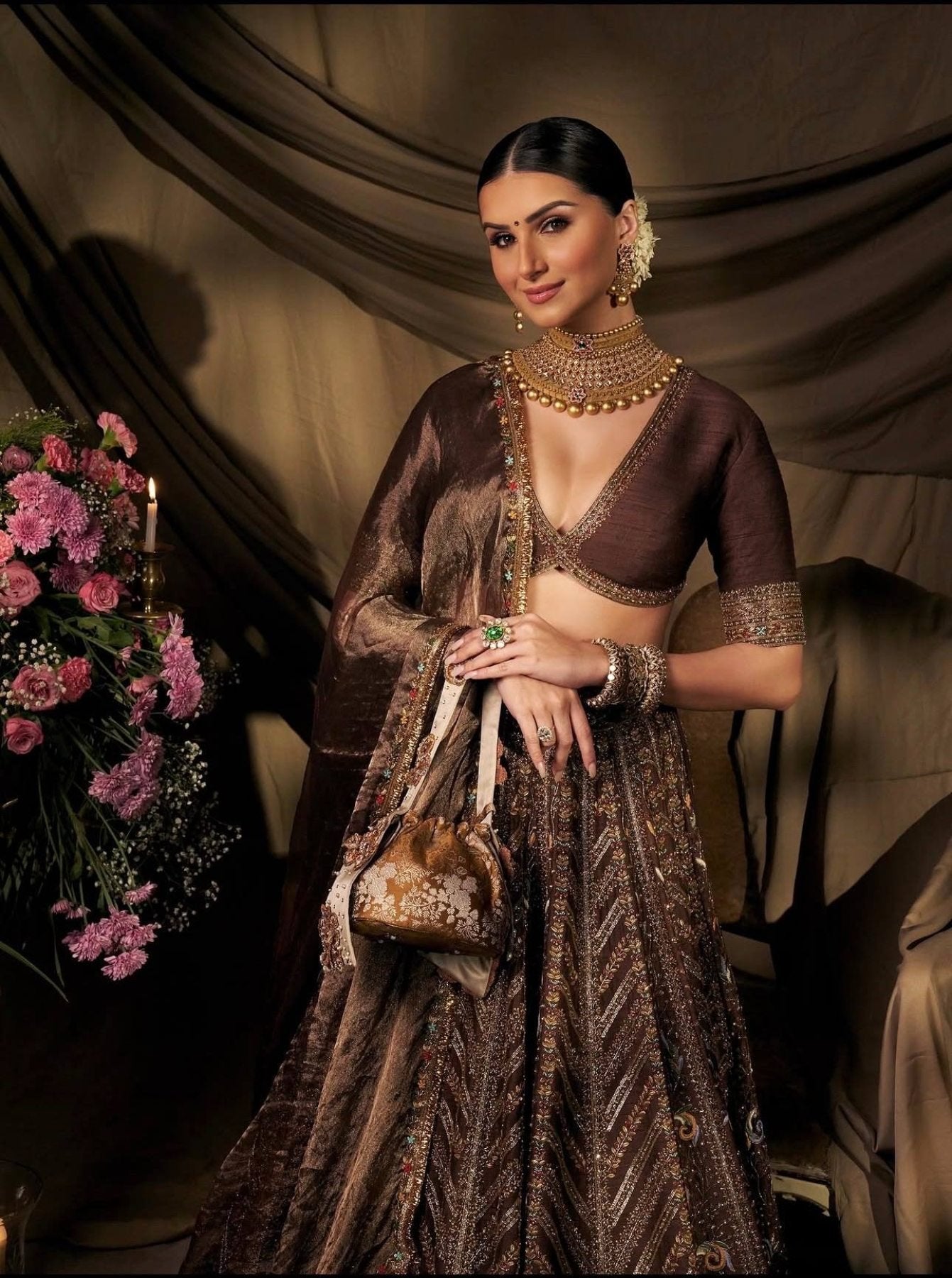 Brown Thai Silk Bridal Lehenga with Heavy Embroidery and Glass Organza Dupatta detailed view
