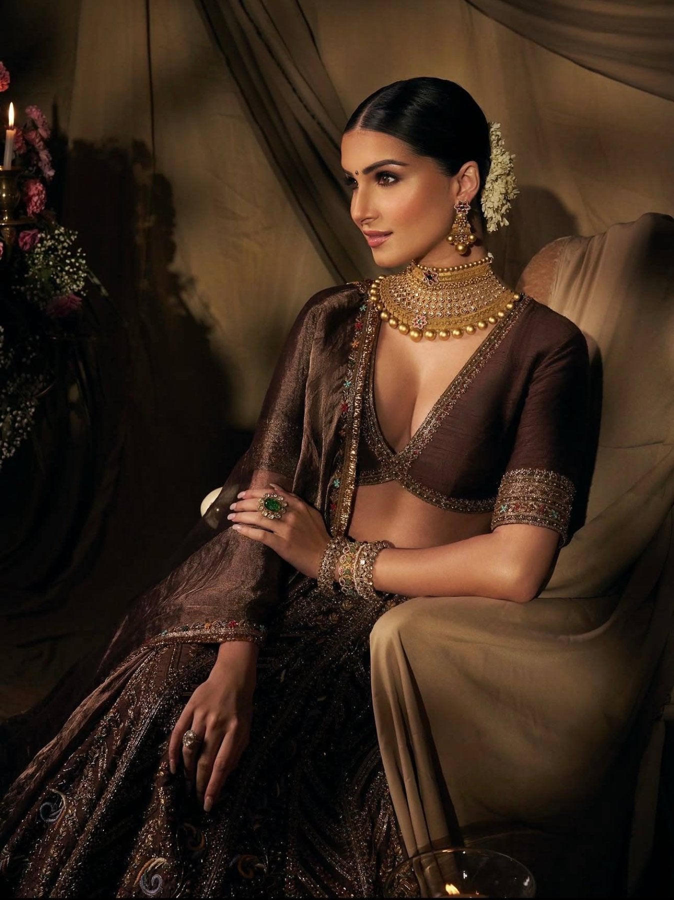 Brown Thai Silk Bridal Lehenga with Heavy Embroidery and Glass Organza Dupatta fabric texture detail