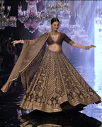 Brown Thai Silk Bridal Lehenga with Heavy Embroidery and Glass Organza Dupatta back view