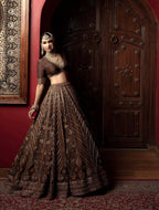 Brown Thai Silk Bridal Lehenga with Heavy Embroidery and Glass Organza Dupatta styling view
