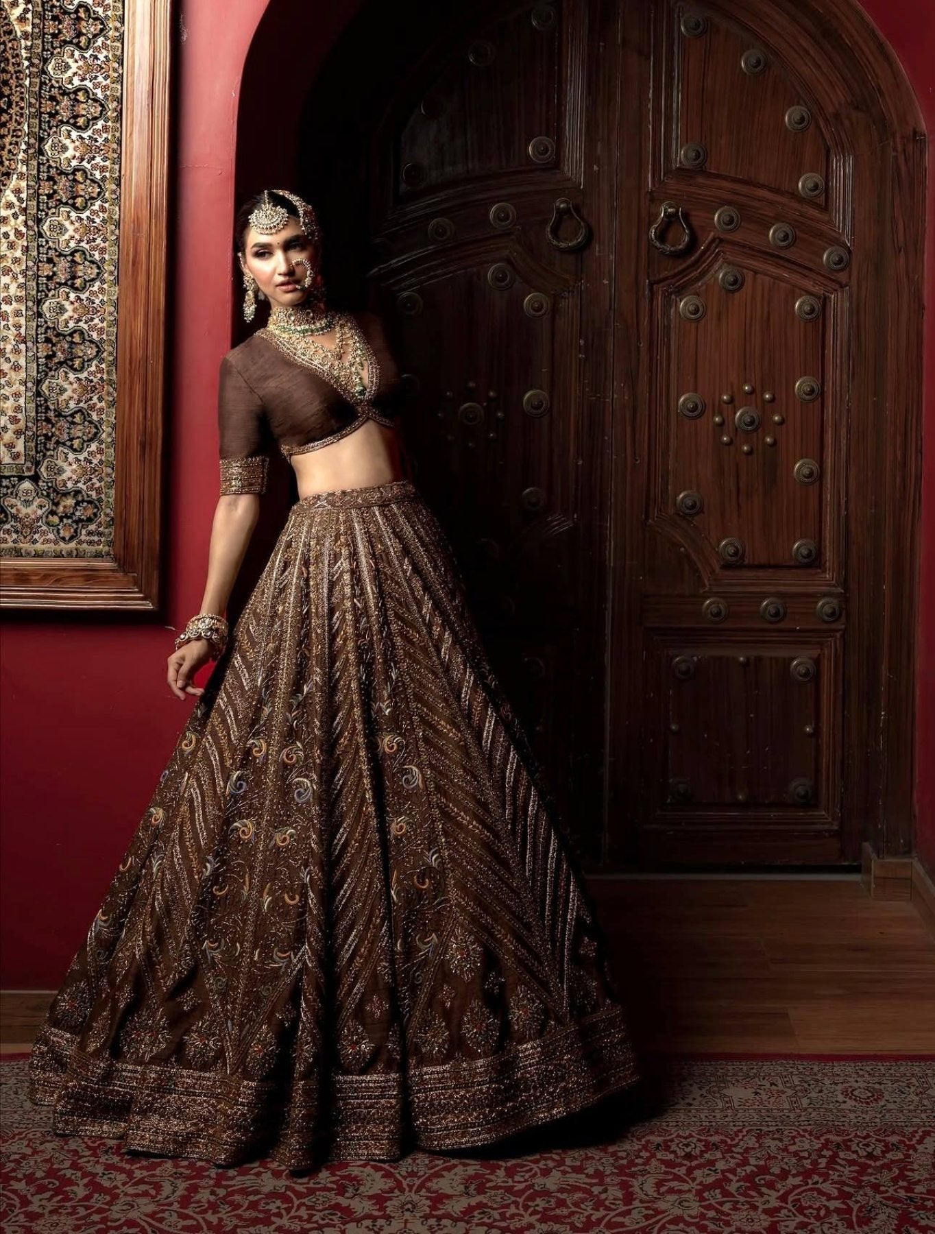 Brown Thai Silk Bridal Lehenga with Heavy Embroidery and Glass Organza Dupatta styling view