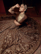 Brown Thai Silk Bridal Lehenga with Heavy Embroidery and Glass Organza Dupatta front view