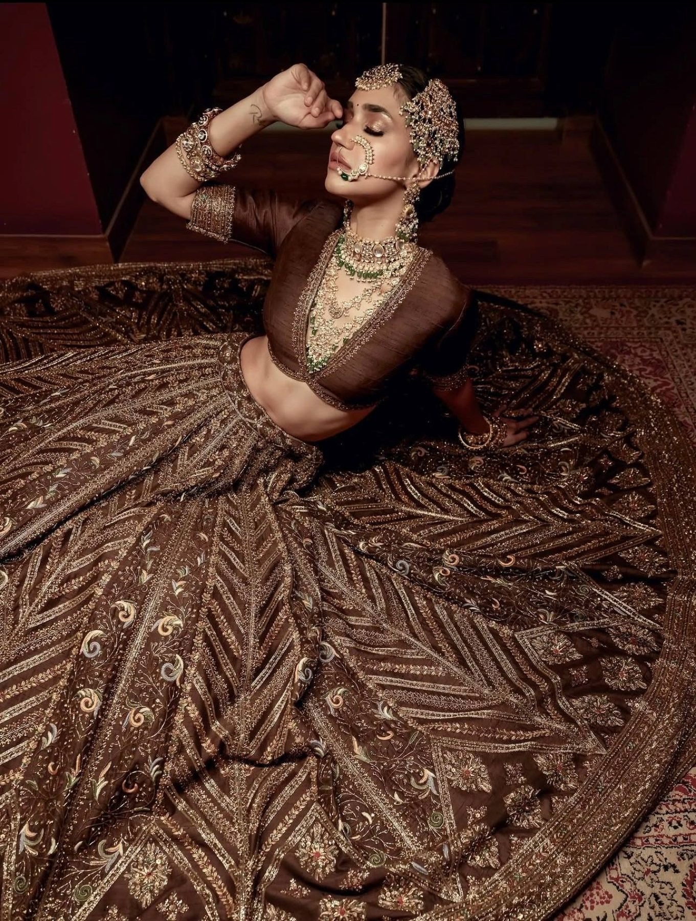 Brown Thai Silk Bridal Lehenga with Heavy Embroidery and Glass Organza Dupatta front view