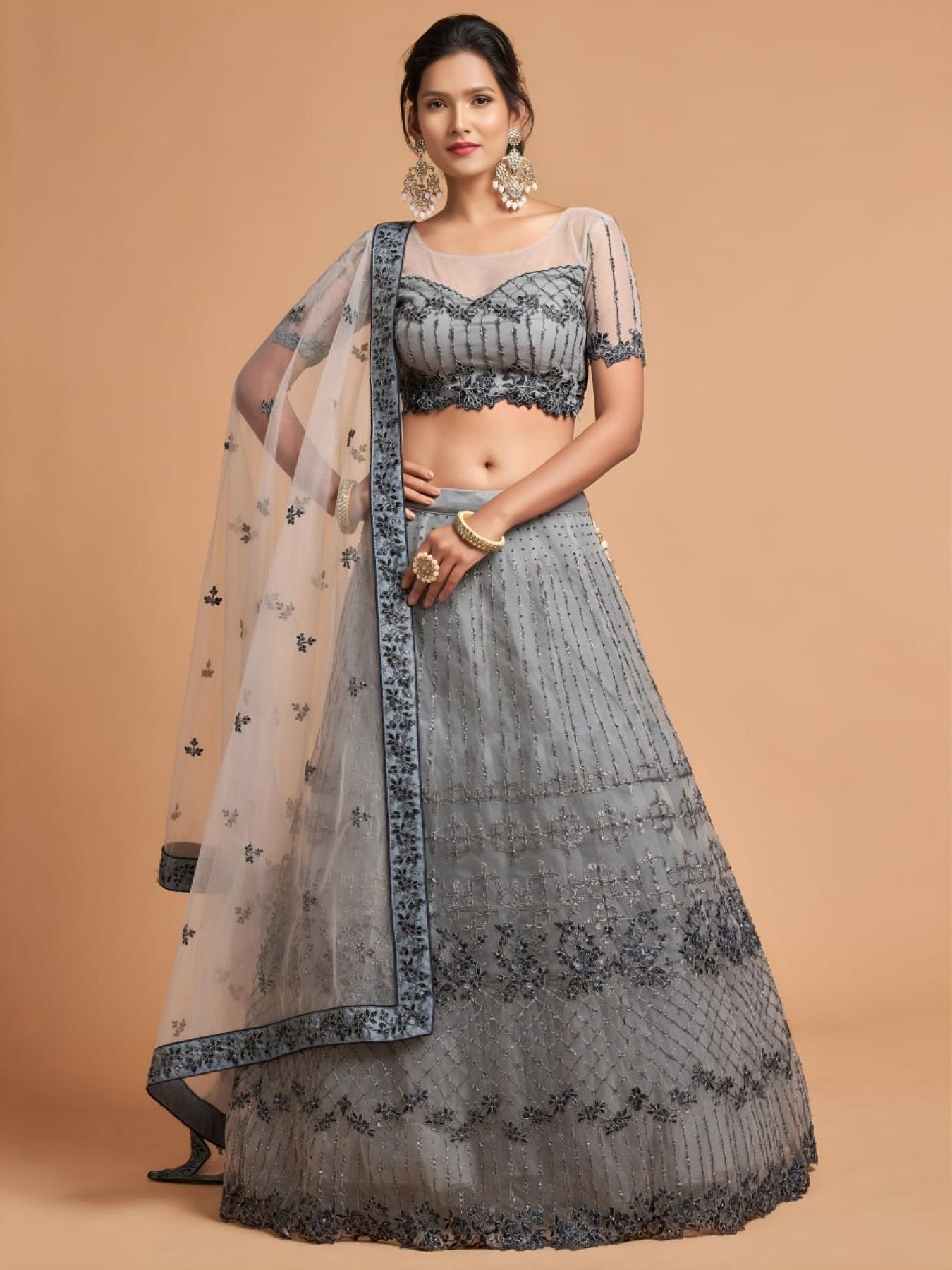 Grey Fancy Embroidered Lehenga for Reception and Engagement Wear full drape view