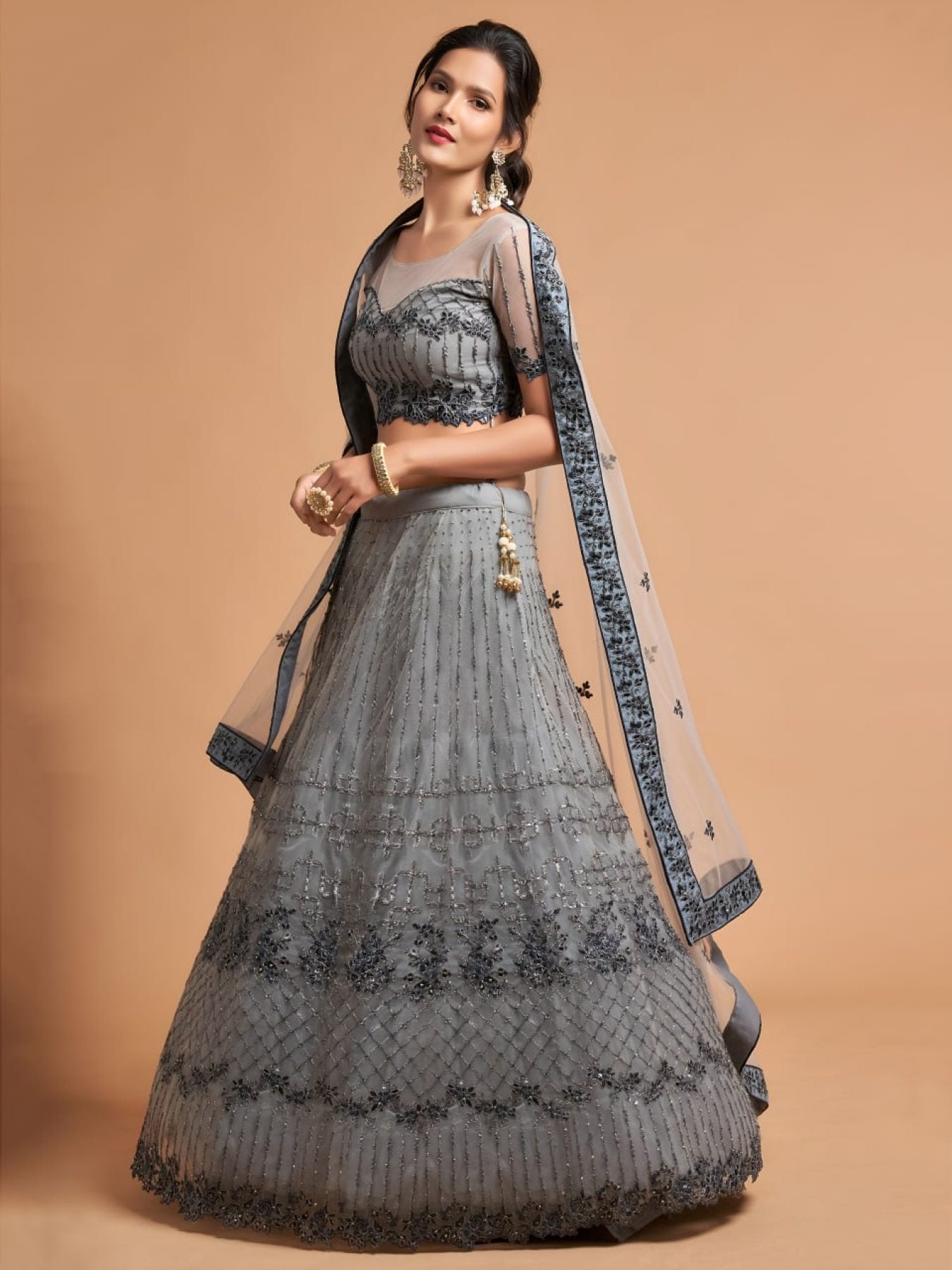 Grey Fancy Embroidered Lehenga for Reception and Engagement Wear blouse and dupatta detail