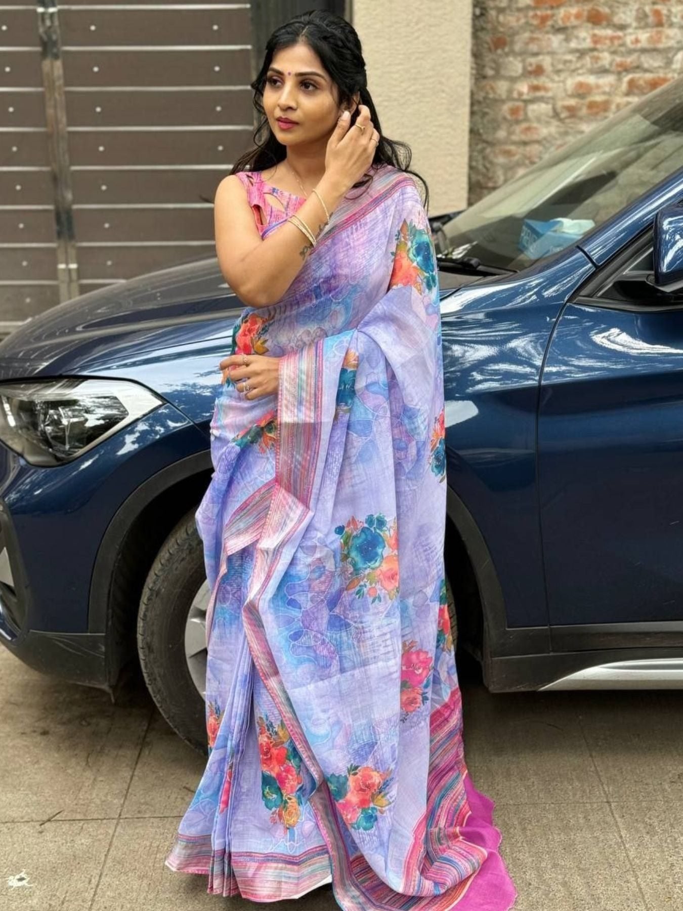 Silver Linen Saree for women - full front view | Snyvia