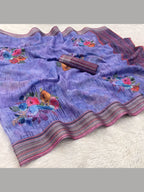 Silver Linen Saree - Zari embroidery work detail