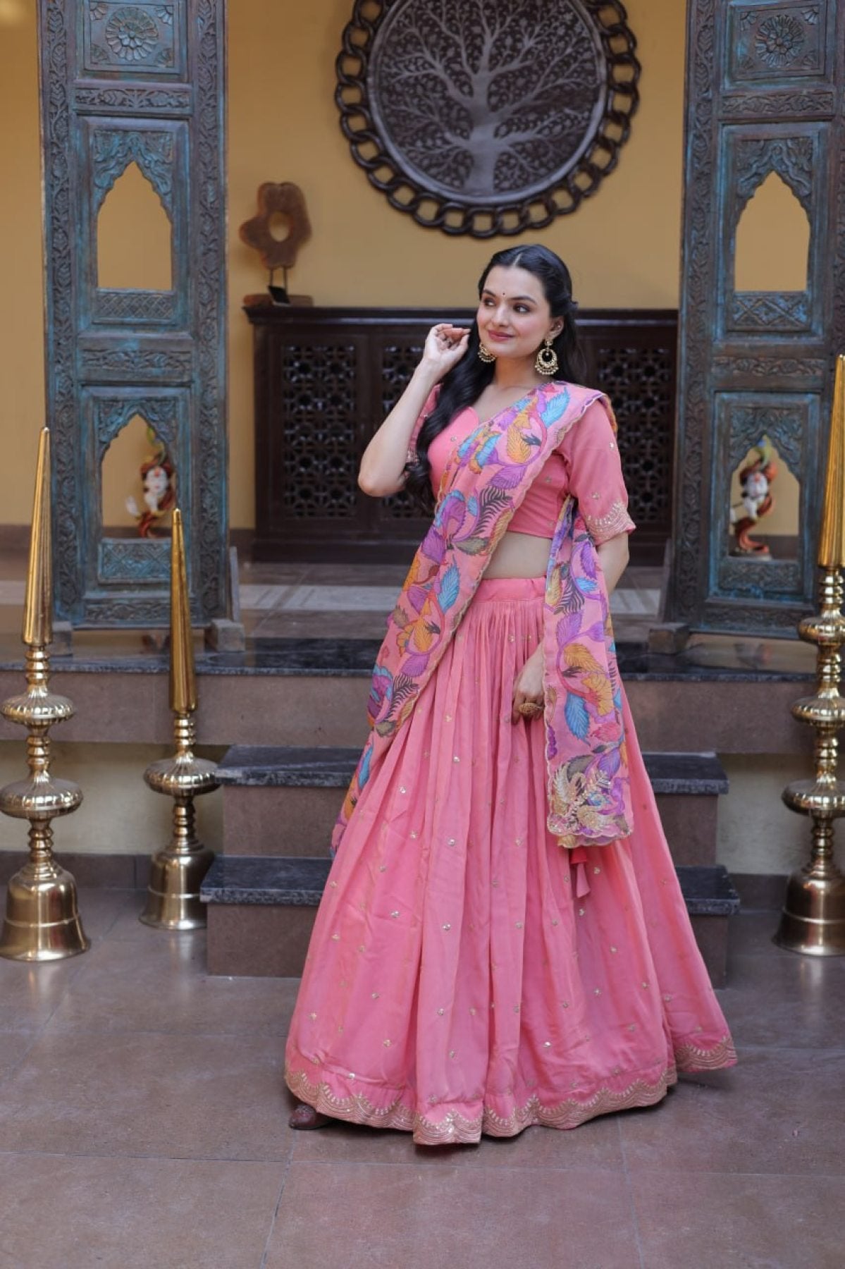 Cosmos Silk Lehenga Choli with Zari Sequins Work fabric texture detail