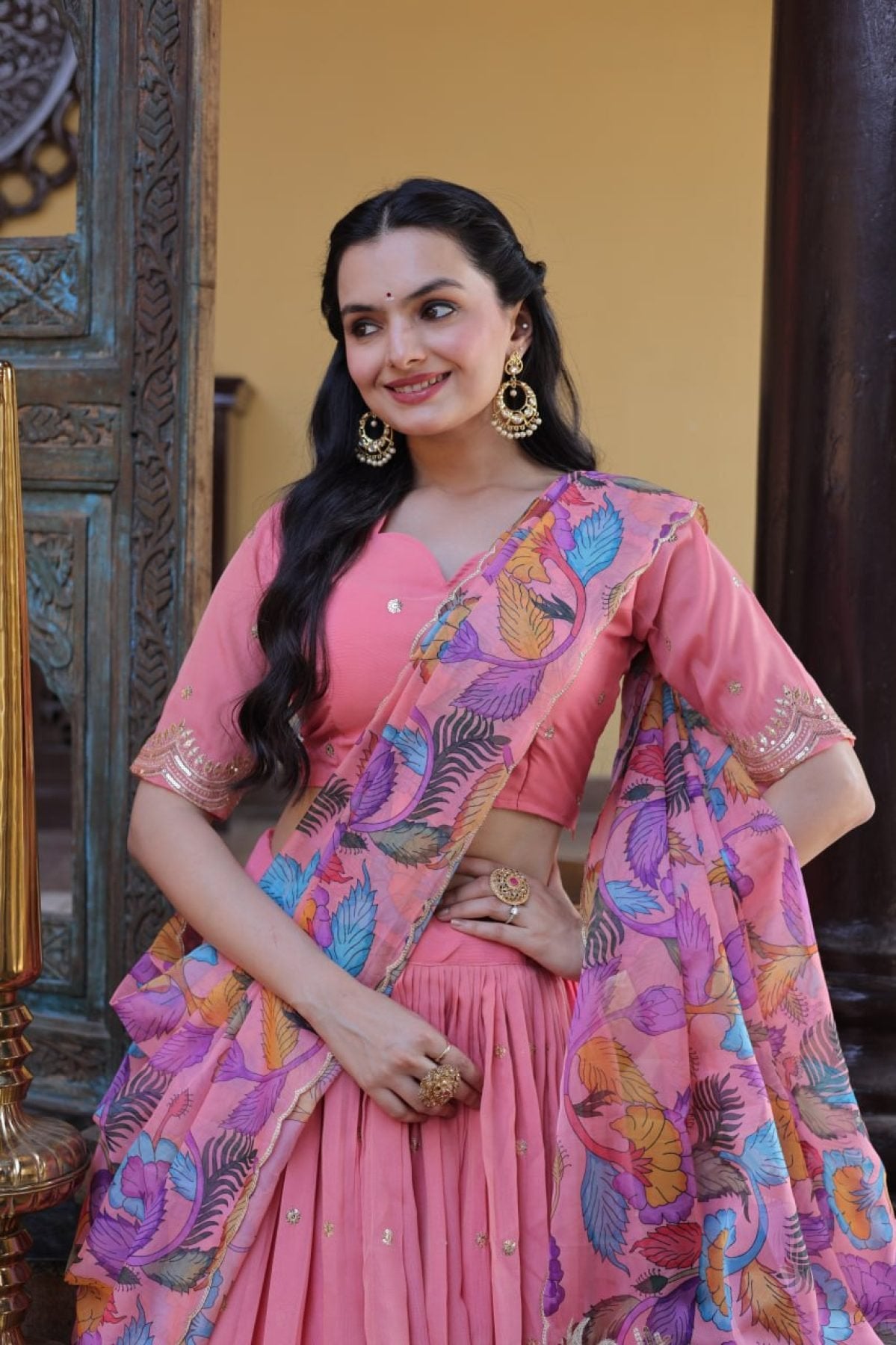 Cosmos Silk Lehenga Choli with Zari Sequins Work blouse and dupatta detail