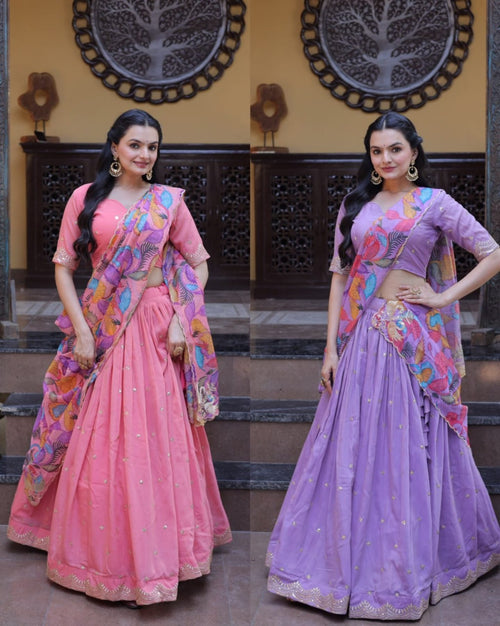 Lavender Cosmos Silk Lehenga Choli with Zari Sequins Work full drape view