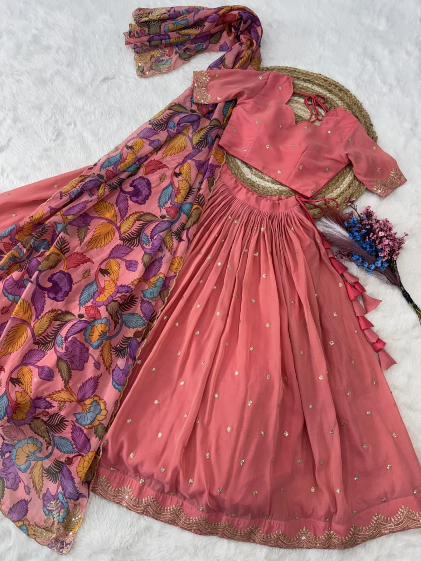 Cosmos Silk Lehenga Choli with Zari Sequins Work blouse and dupatta detail