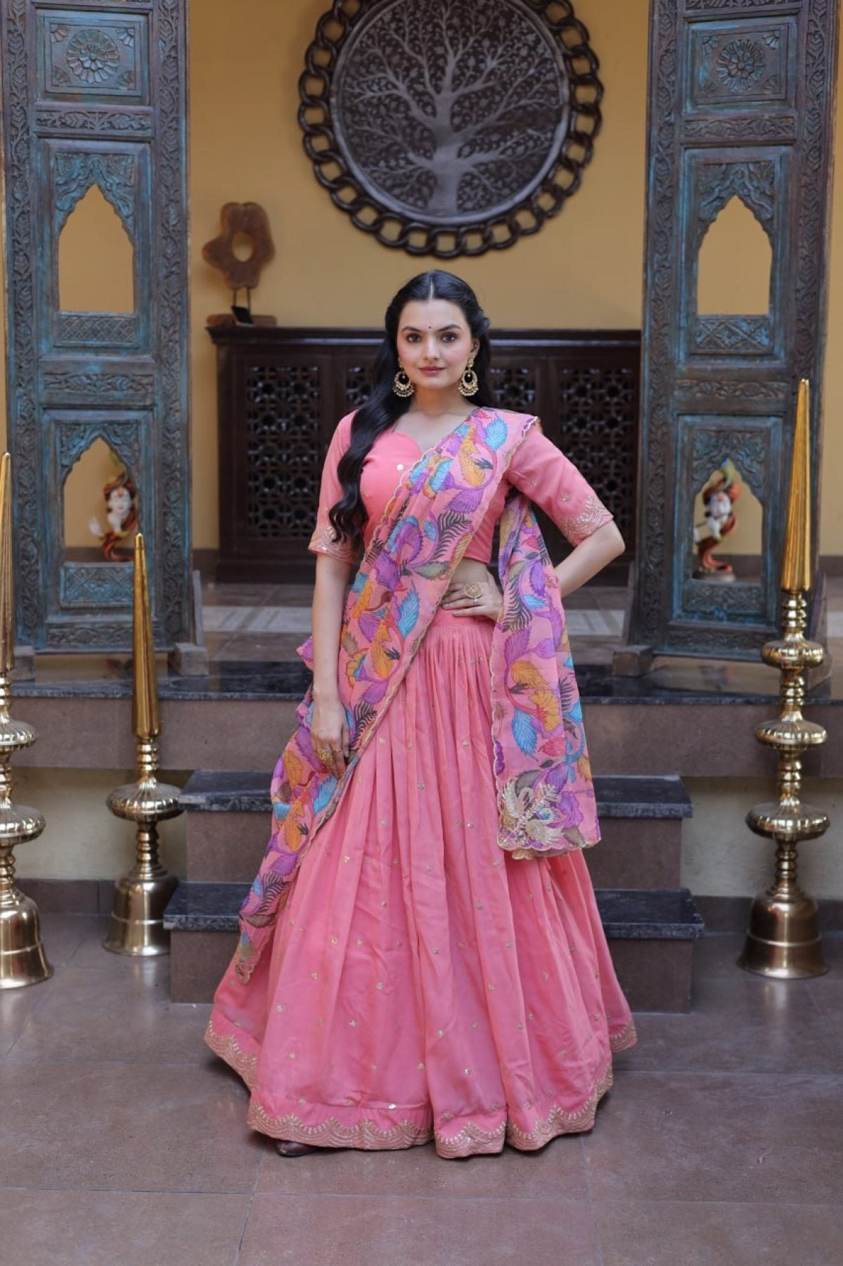 Cosmos Silk Lehenga Choli with Zari Sequins Work fabric texture detail