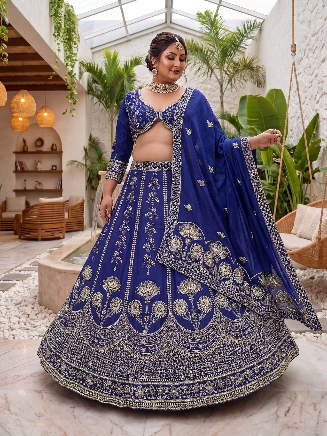 Chinon Silk Plus Size Lehenga Choli with Zari Sequins Embroidery front view