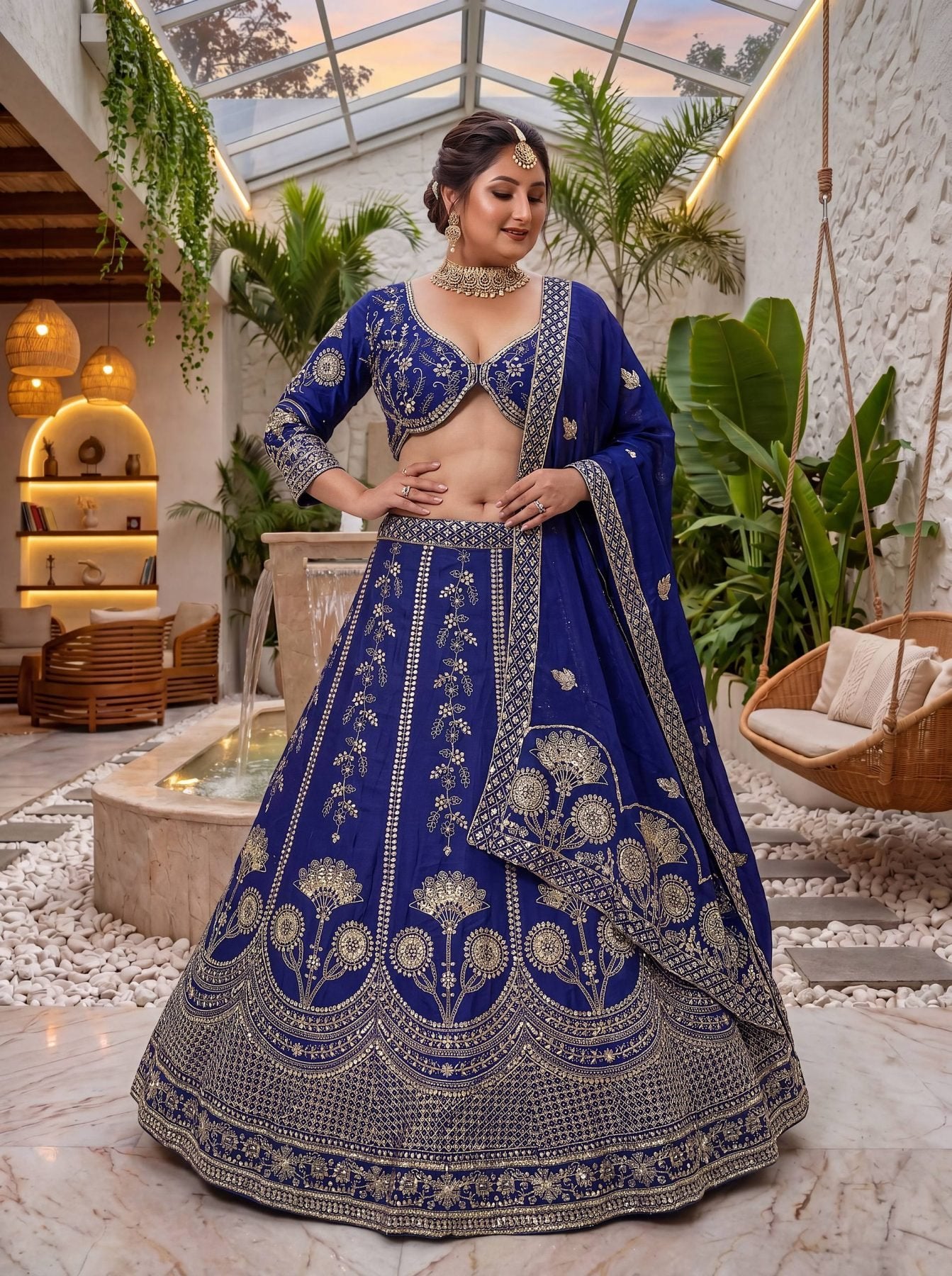 Chinon Silk Plus Size Lehenga Choli with Zari Sequins Embroidery full drape view