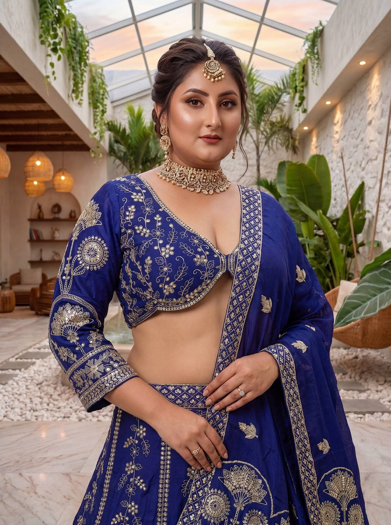 Chinon Silk Plus Size Lehenga Choli with Zari Sequins Embroidery blouse and dupatta detail