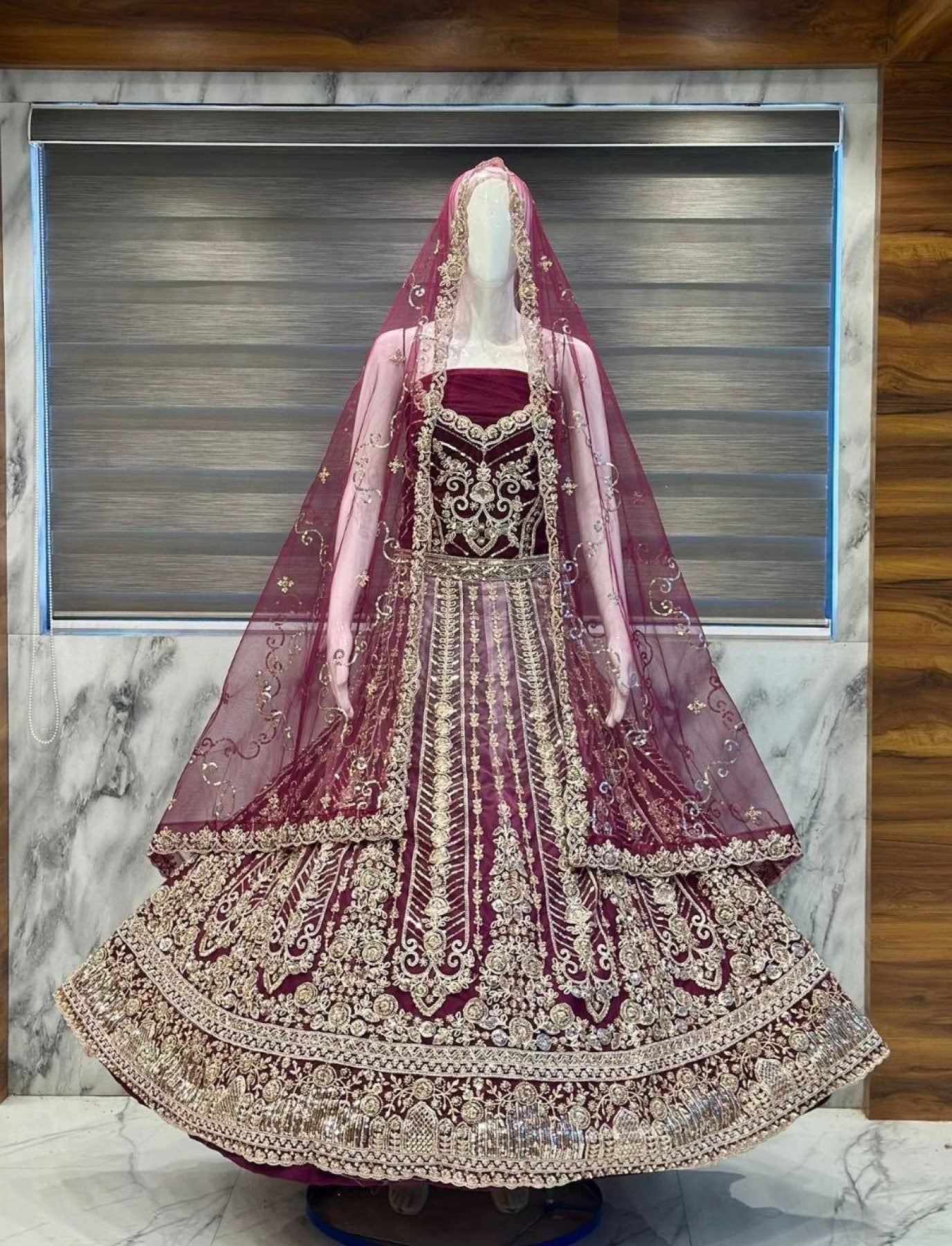 Maroon Party Wear Velvet Lehenga with Sequins and Diamond Work full drape view