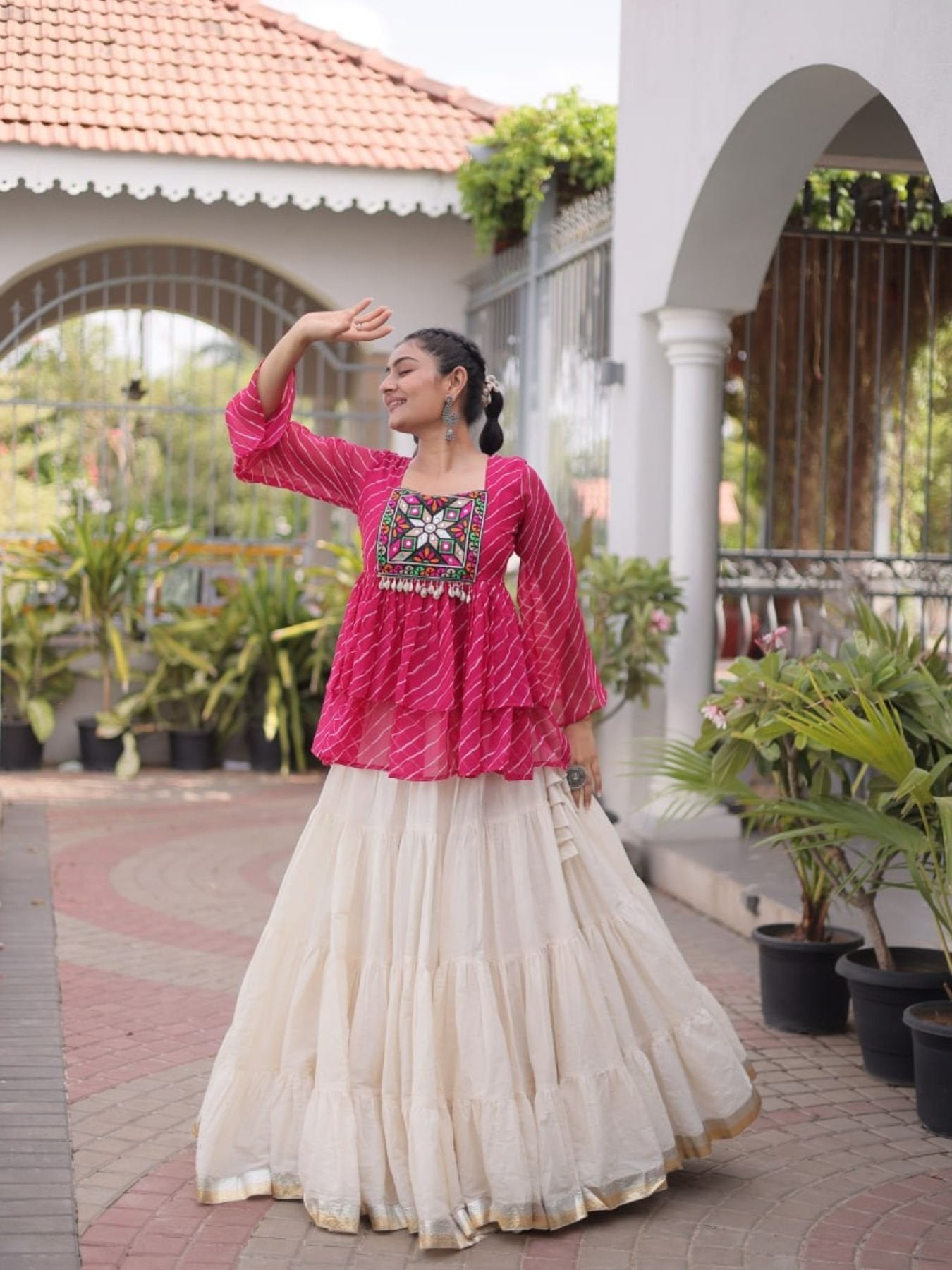 Navratri Kora Cotton Lehenga Choli with Kutchi Gamthi Patchwork back view