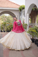 Navratri Kora Cotton Lehenga Choli with Kutchi Gamthi Patchwork full drape view