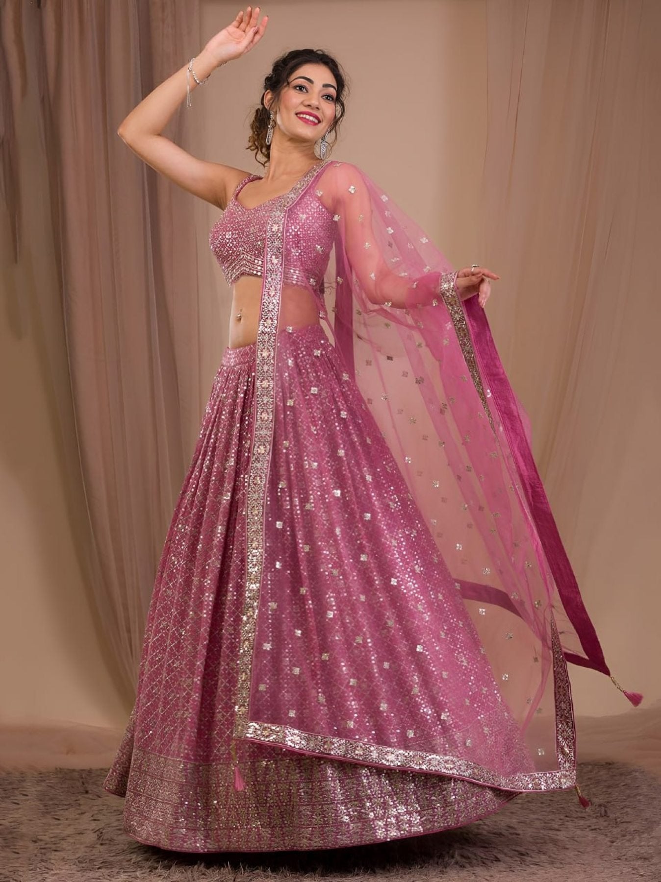 Georgette Lehenga Choli with Zari and Multiple Sequins Embroidery Work full drape view